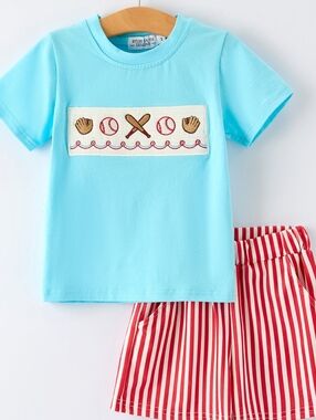 Light Blue Baseball Smocked Kids Short Set